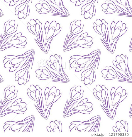 Seamless floral pattern with crocus or saffron flower in line art style on white background. Spring design for wallpaper, wrapper and textile. Seamless floral pattern with crocus or saffron flower in line art style on white background. Spring design for wallpaper, wrapper and textile. 121790380