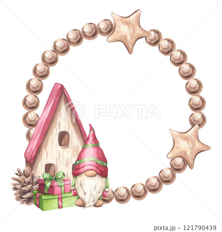 Christmas round wreath frame. Gnome elf boy, branch forest fir with wooden house, home, gifts, pine cone. Botanical floral composition. New Year. Hand draw watercolor illustration isolated background Christmas round wreath frame. Gnome elf boy, branch forest fir with wooden house, home, gifts, pine cone. Botanical floral composition. New Year. Hand draw watercolor illustration isolated background 121790439