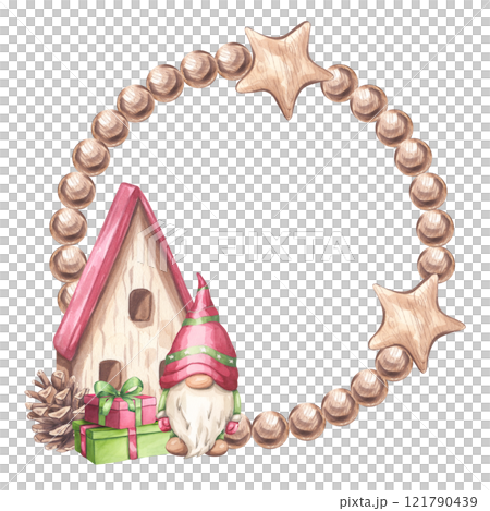Christmas round wreath frame. Gnome elf boy, branch forest fir with wooden house, home, gifts, pine cone. Botanical floral composition. New Year. Hand draw watercolor illustration isolated background Christmas round wreath frame. Gnome elf boy, branch forest fir with wooden house, home, gifts, pine cone. Botanical floral composition. New Year. Hand draw watercolor illustration isolated background 121790439