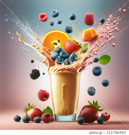 Fruit Explosion in Creamy Smoothie 121790493