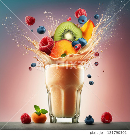 Fruit Explosion in Creamy Smoothie 121790501
