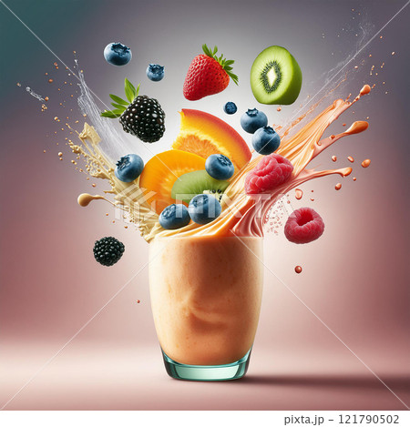 Fruit Explosion in Creamy Smoothie 121790502