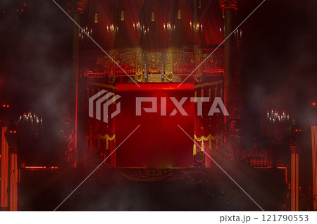Dark red retro theatrical stage background with candelabra and curtains in smoke. 121790553
