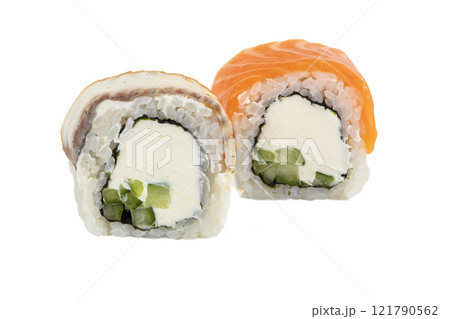 Japanese sushi rolls with eel and red fish. Japanese restaurant menu. Japanese sushi rolls with eel and red fish. Japanese restaurant menu. 121790562