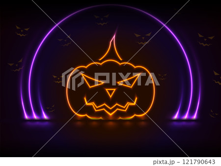 Orange neon Halloween pumpkin and violet laser rings abstract holiday background 121790643