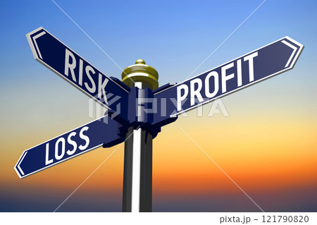 Investing risk - signpost with three arrows - 3D illustration Investing risk - signpost with three arrows - 3D illustration 121790820