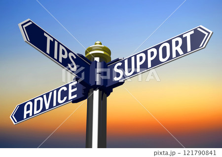 Advice, tips, support - signpost with three arrows - 3D illustration Advice, tips, support - signpost with three arrows - 3D illustration 121790841