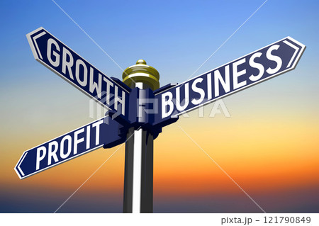 Business growth - signpost with three arrows - 3D illustration 121790849