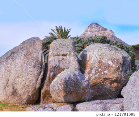 Big sedimentary rocks in front of flower trees and plants in nature on a sunny day in Spring or Summer. Scenic view of stone wall on grass with a mountain top or peak and blue sky in the background. Big sedimentary rocks in front of flower trees and plants in nature on a sunny day in Spring or Summer. Scenic view of stone wall on grass with a mountain top or peak and blue sky in the background. 121791099
