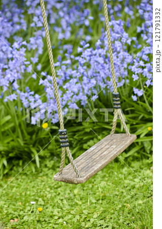 A wooden swing in a peaceful garden area with Bluebell Flowers blooming in a lush green bush. A play space outdoors in a backyard with vibrant purple plants growing in on a spring day 121791332