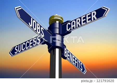 Jobs, career, success, benefits - signpost with four arrows - 3D illustration 121791620