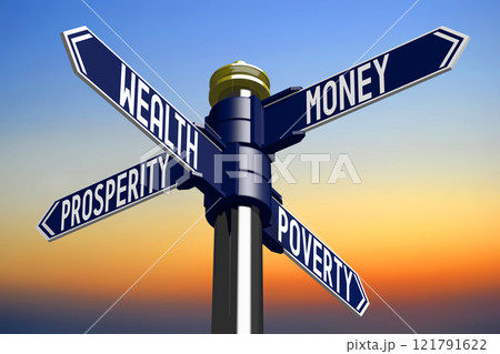 Health, money, prosperity, poverty - signpost with four arrows - 3D illustration 121791622