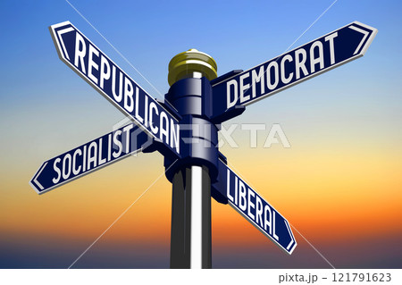 Republican, liberal, socialist, democrat - signpost with four arrows - 3D illustration 121791623