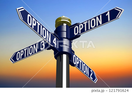 Option 1, 2, 3, 4 - signpost with four arrows - 3D illustration 121791624