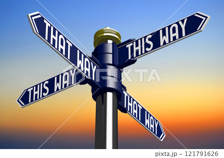 This way, this way, that way, that way - signpost with four arrows - 3D illustration 121791626