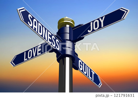 Sadness, guilt, love, joy - signpost with four arrows - 3D illustration 121791631