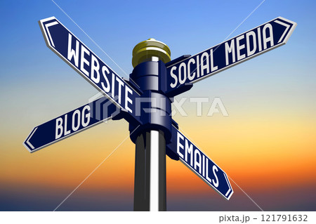 Website, e-mails, blog, social media - signpost with four arrows - 3D illustration 121791632