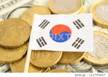 Korea flag on coin and banknote money, finance trading investment business currency. 121791637