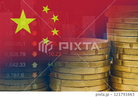 China flag with stock market finance, economy trend graph digital technology. 121791663