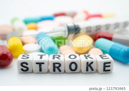 STROKE word, medicine antibiotic pills, tablets and capsules. 121791665