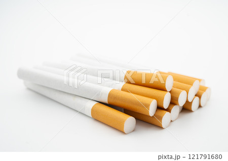 Cigarette, roll tobacco in paper with filter tube, No smoking. 121791680