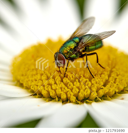 Closeup of a common green bottle fly eating floral disc nectar on white Marguerite daisy flower. Macro texture and detail of insect pollination and pest control in a private backyard or home garden 121791690