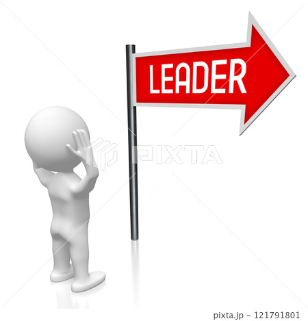 Leader - signpost with one arrow, cartoon character - 3D illustration Leader - signpost with one arrow, cartoon character - 3D illustration 121791801