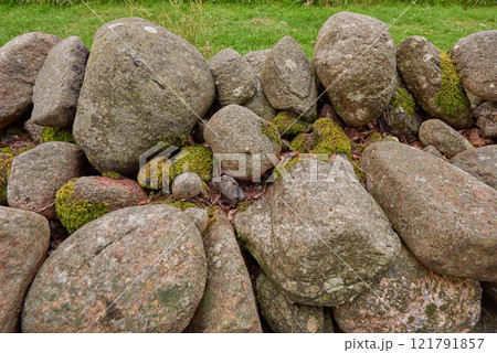 Closeup of a stone wall made of boulders and rocks outside. Background of rustic, rural building and masonry material. Historic housing design or antique architecture of an urban structure outdoors 121791857