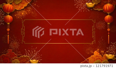 Chinese New Year Red and Gold Background with Lanterns and Fireworks Chinese New Year Red and Gold Background with Lanterns and Fireworks 121791971
