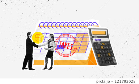 Creative graphic design. Two professionals exchange money on tax-marked calendar, with calculator nearby, representing tax compliance. Creative graphic design. Two professionals exchange money on tax-marked calendar, with calculator nearby, representing tax compliance. 121792028