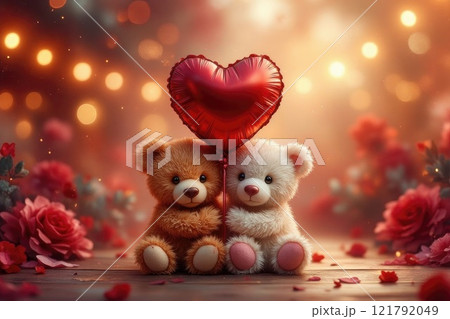 Teddy bears with heart balloon amidst romantic rose background Teddy bears with heart balloon amidst romantic rose background 121792049