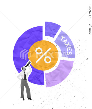 Graphic art composition. )Professional woman points to percentage symbol oa pie chart labeled taxes, representing financial planning. Graphic art composition. )Professional woman points to percentage symbol oa pie chart labeled taxes, representing financial planning. 121792052