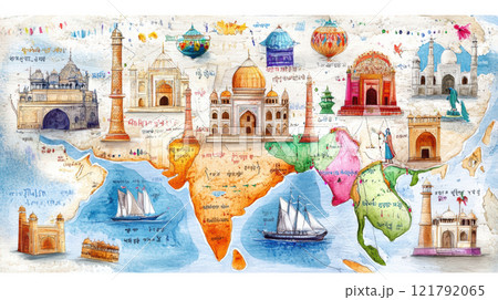 Cultural landmark country drawing map in world.のイラスト素材 [121792065] - PIXTA