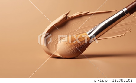 Makeup brush and foundation cream swirl on a smooth mocha mousse background 121792102
