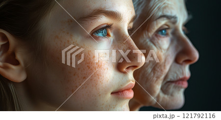 Close-up, side-profile view of younger and older women 121792116