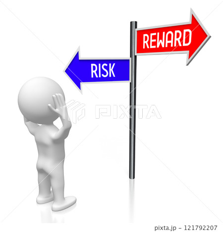 Risk and reward - signpost with two arrows, cartoon character - 3D illustration 121792207