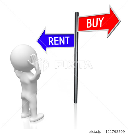 Buy or rent - signpost with two arrows, cartoon character - 3D illustration 121792209