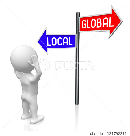 Global or local - signpost with two arrows, cartoon character - 3D illustration 121792211