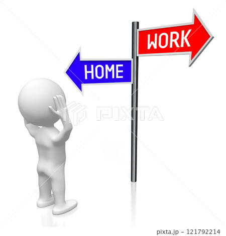Work and home - signpost with two arrows, cartoon character - 3D illustration 121792214