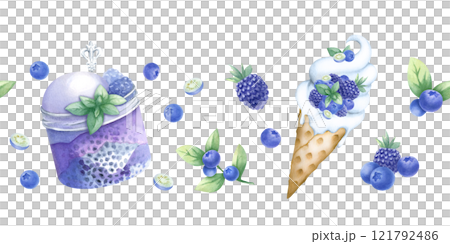 Ice cream and dessert in glass jar with blueberry, blackberry, whipped cream, chia seeds and mint. Hand draw watercolor isolated seamless border. Horizontal banner of dessert for confectionery design. Ice cream and dessert in glass jar with blueberry, blackberry, whipped cream, chia seeds and mint. Hand draw watercolor isolated seamless border. Horizontal banner of dessert for confectionery design. 121792486