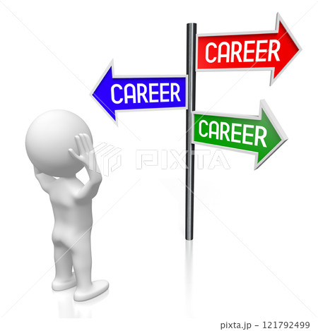 Career concept - signpost with three arrows, cartoon character - 3D illustration Career concept - signpost with three arrows, cartoon character - 3D illustration 121792499