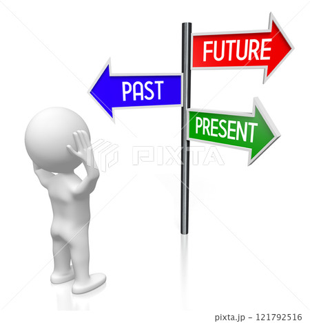 Future, past, present - signpost with three arrows, cartoon character - 3D illustration Future, past, present - signpost with three arrows, cartoon character - 3D illustration 121792516