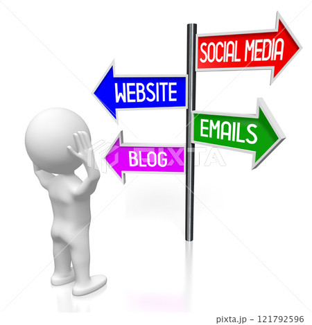Social media, website, emails, blog concept - signpost with four arrows, cartoon character - 3D illustration 121792596