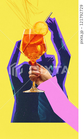 Modern graphic design. Orange cocktail garnished with citrus slice in glass held up against yellow background with vibrant silhouettes of cheering people. 121792729