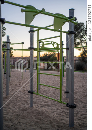 street fitness park for workout and calisthenics area, sport equipment with bars for push and pull ups, healthy lifestyle concept street fitness park for workout and calisthenics area, sport equipment with bars for push and pull ups, healthy lifestyle concept 121792751