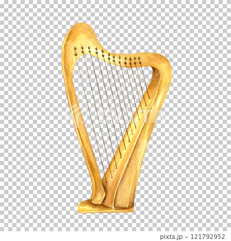 Watercolor classical wooden Celtic Irish harp string illustration isolated background. St Patrick day Musical instrument element for jazz festival design. carnival cards, design. Watercolor classical wooden Celtic Irish harp string illustration isolated background. St Patrick day Musical instrument element for jazz festival design. carnival cards, design. 121792952