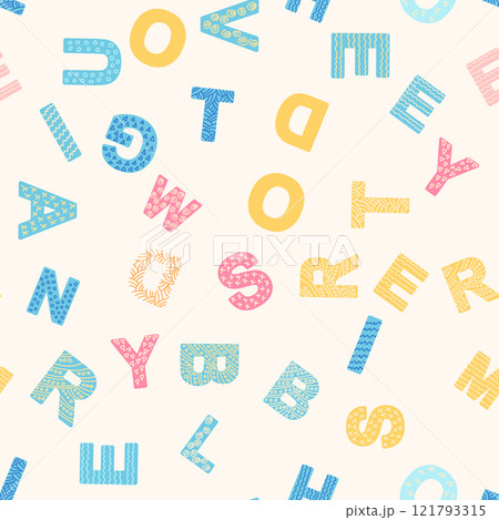ABC seamless pattern in simple cartoon style. Cute alphabet print - hand drawn childish seamless pattern design 121793315