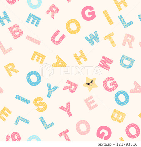 ABC seamless pattern in simple cartoon style. Cute alphabet print - hand drawn childish seamless pattern design 121793316