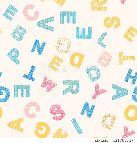 ABC seamless pattern in simple cartoon style. Cute alphabet print - hand drawn childish seamless pattern design 121793317