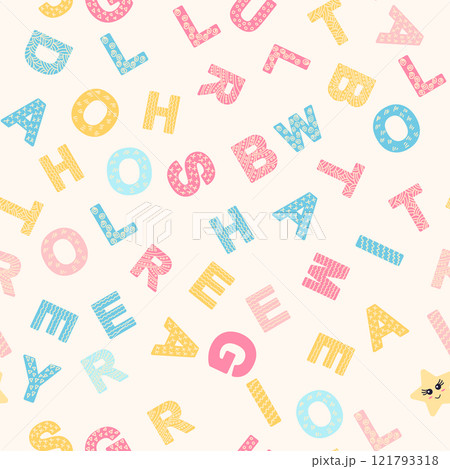 ABC seamless pattern in simple cartoon style. Cute alphabet print - hand drawn childish seamless pattern design 121793318